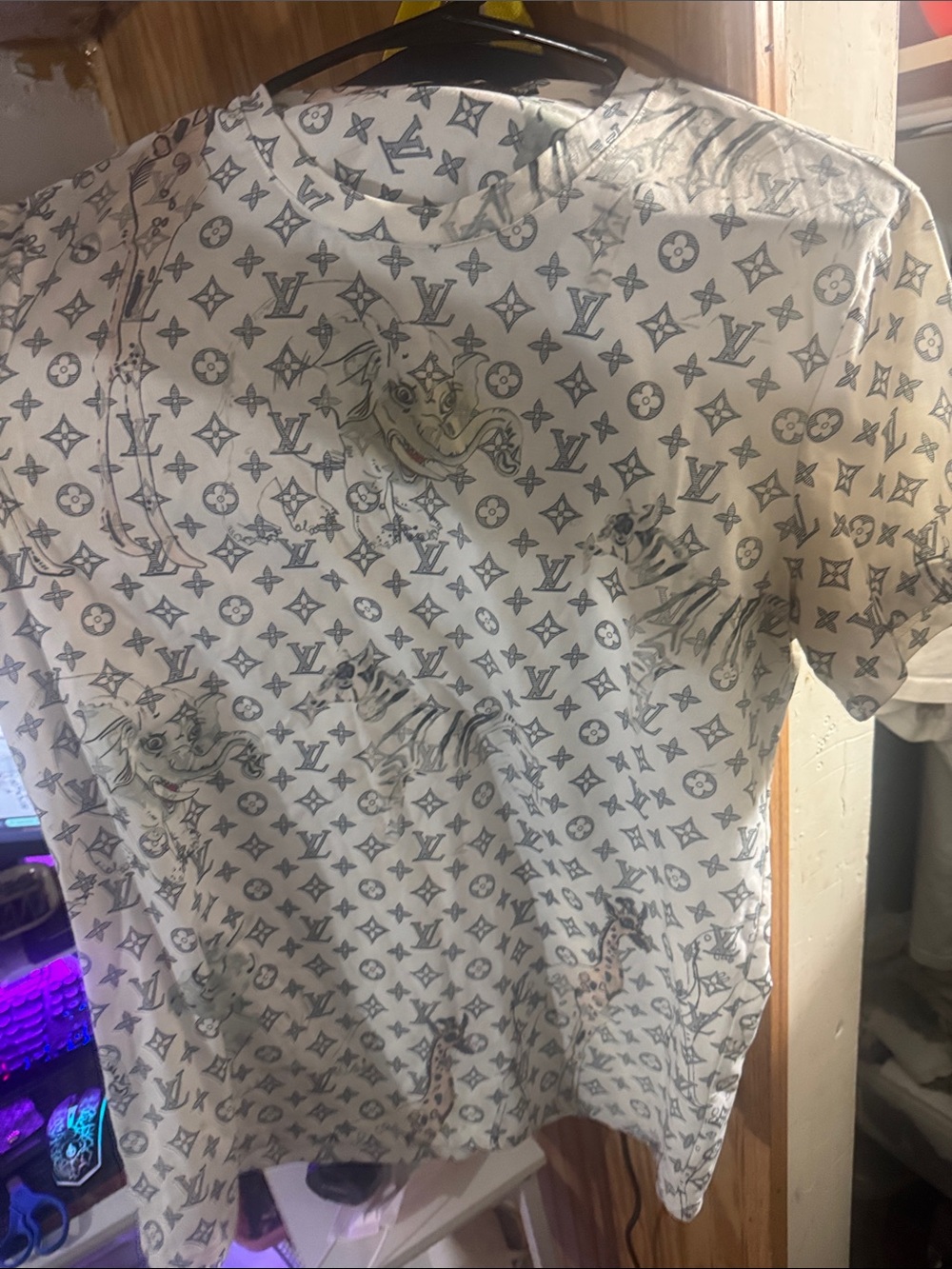 Louis Vuitton White and Gray Monogram Short Sleeve Tee with Animal Sketches